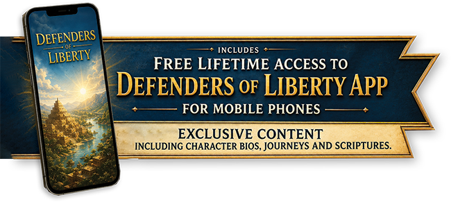 Includes free lifetime access to the Defenders of Liberty app for mobile phones — exclusive content including character bios, journeys and scriptures